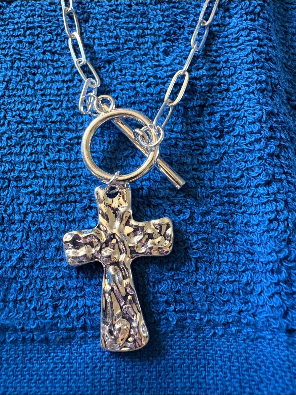 Hammered Cross Pendant Necklace - Silver Tone